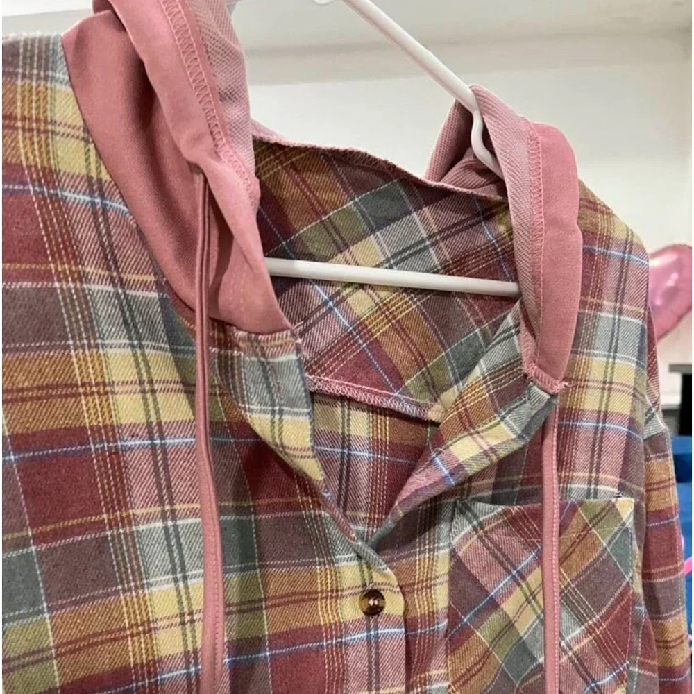Classic Plaid Checkered Hoodie Button Down Up Shirt Top - Picture 6 of 7